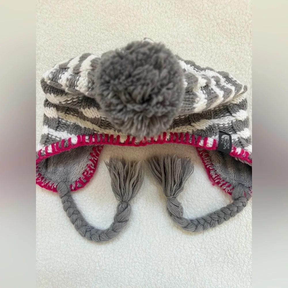 The North Face Girl's Hat Gray/White w/Pink Trim and Ear Flaps